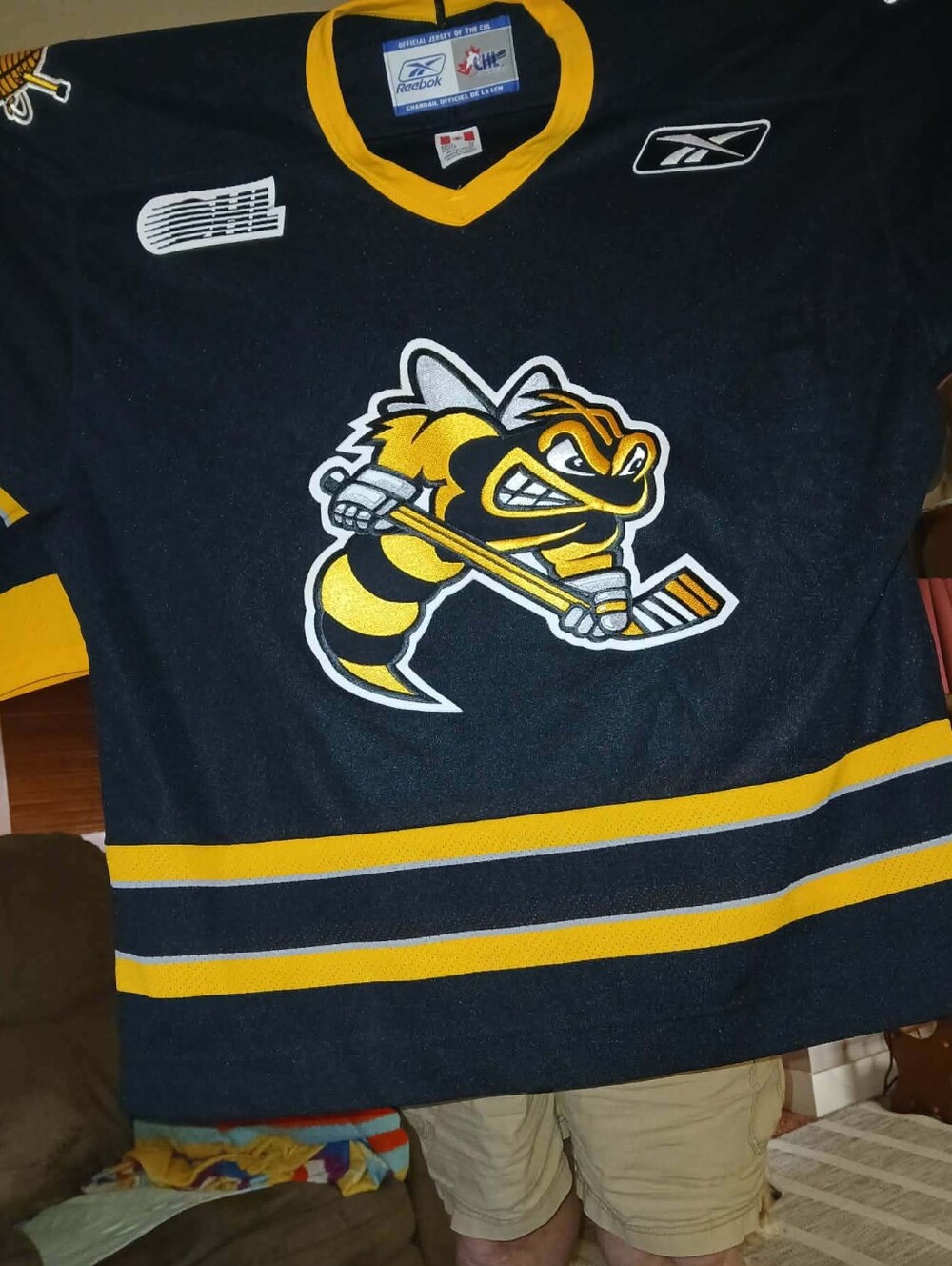 Reebok Black and Yellow Hockey Jersey with Hornet Mascot